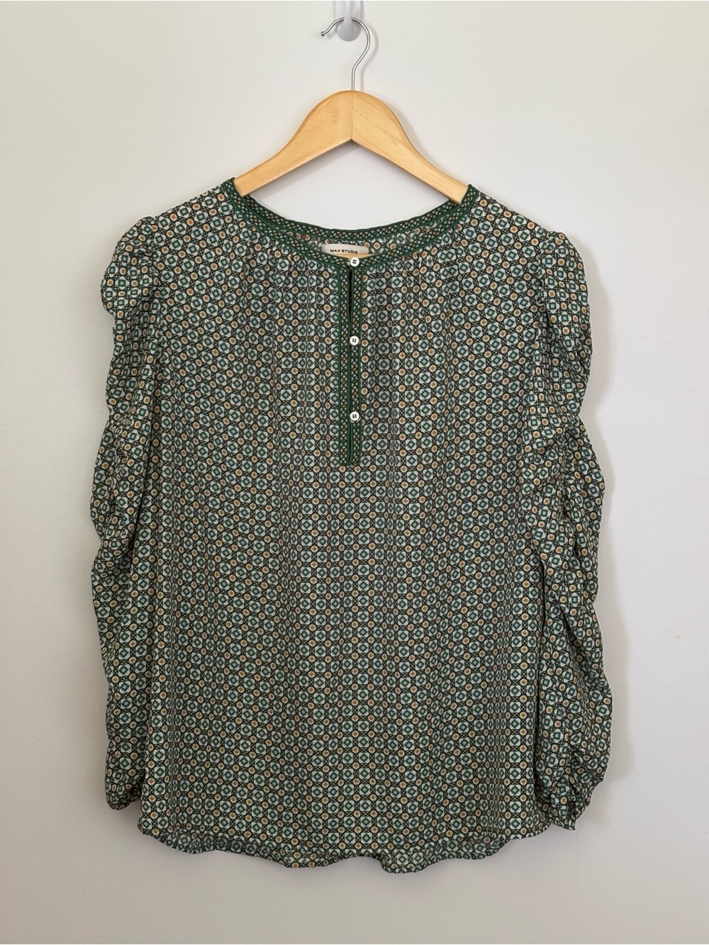 Max Studio Green Printed Henley Blouse